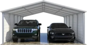 Versatube Carport featuring a durable metal frame and open design, sheltering a Jeep and a Mustang.