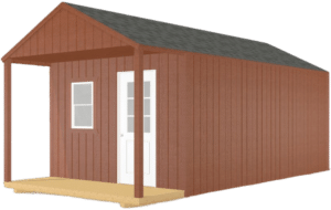 A red cabin with a gable roof, gray shingles, a white door, a window, and a small covered porch with wooden posts and flooring.