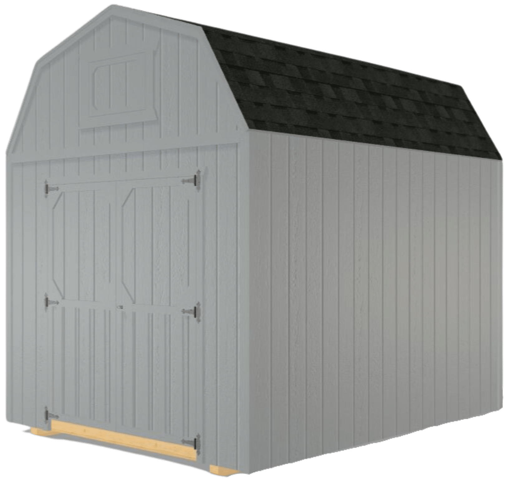 A grey Lofted Barn with a gambrel roof, gray shingle roofing, and barn-style double doors, set on a wooden foundation.