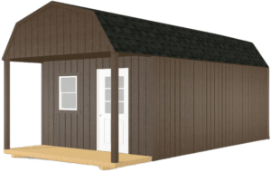 A brown Lofted Cabin with a gambrel roof, black shingle roofing, a white entry door, a window, and a small covered porch with wooden posts and flooring.