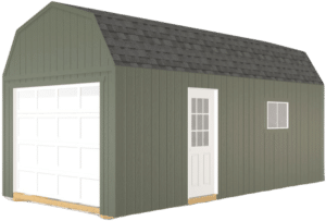 A green Lofted Garage with a gambrel roof, gray shingle roofing, a white garage door, a side entry door, and a window, set on a wooden foundation.