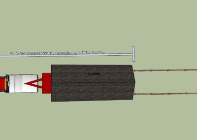 An illustration showing a truck towing a building with a clear space requirement of up to 90 feet, depending on the building length, for delivery.