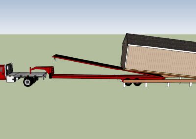 An illustration showing a red truck unloading a beige building with a gable roof onto a prepared foundation using a tilt trailer.