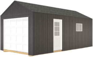 A black Garage with a gable roof, gray shingle roofing, a white garage door, a side entry door, and a window, set on a wooden foundation.