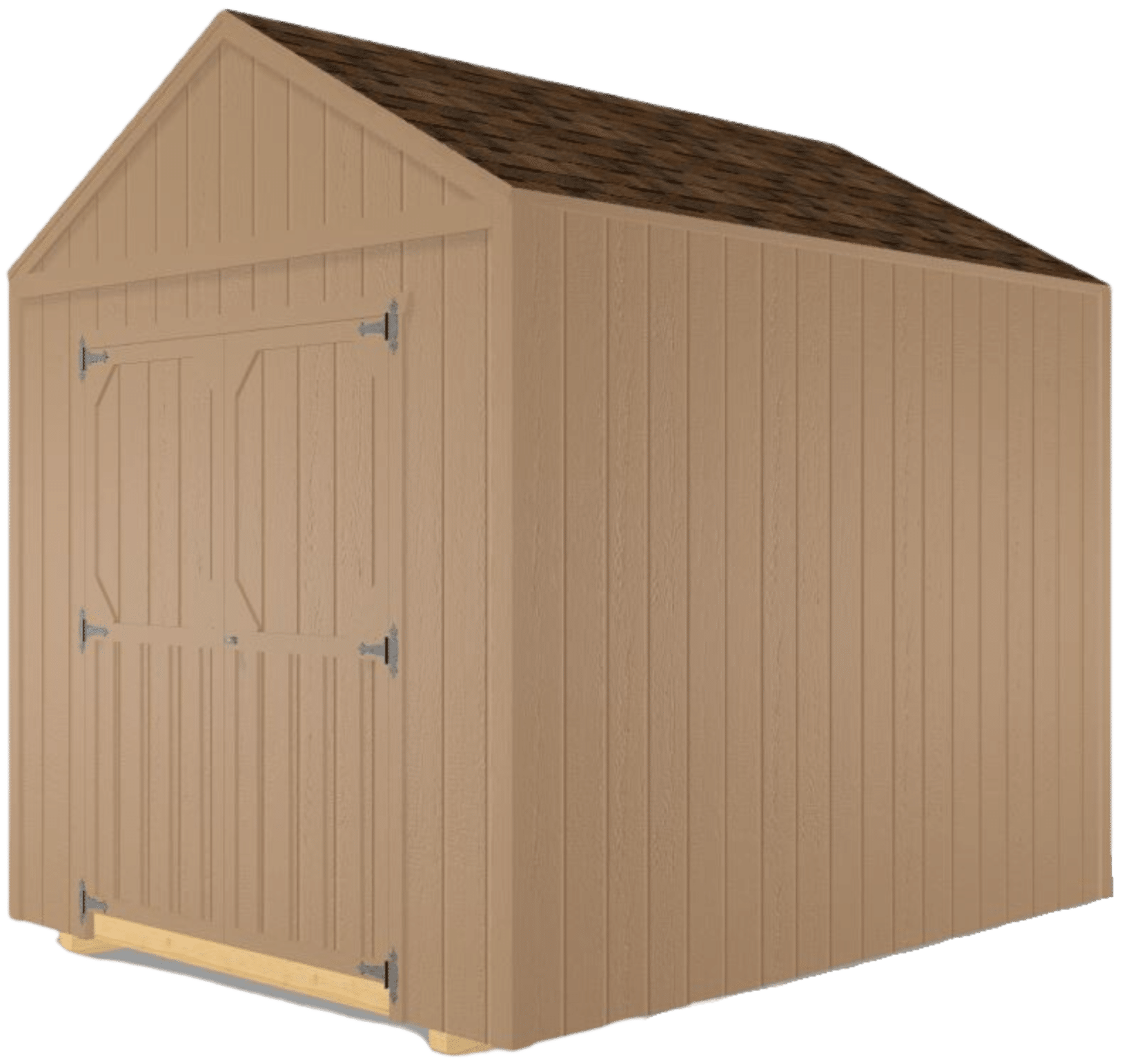 A beige utility shed with a gable roof, brown shingle roofing, and double doors, set on a wooden foundation.