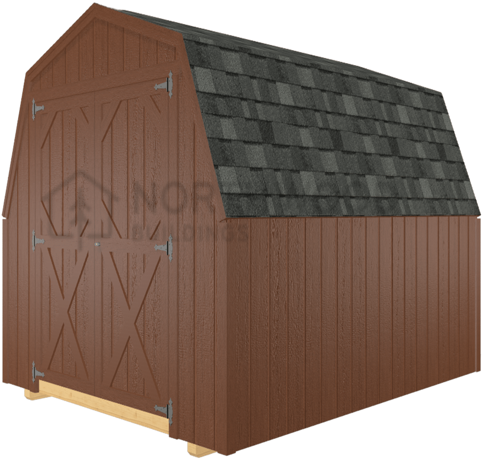 A brown Barn with a gambrel roof, gray shingle roofing, and double barn doors, set on a wooden skid foundation.